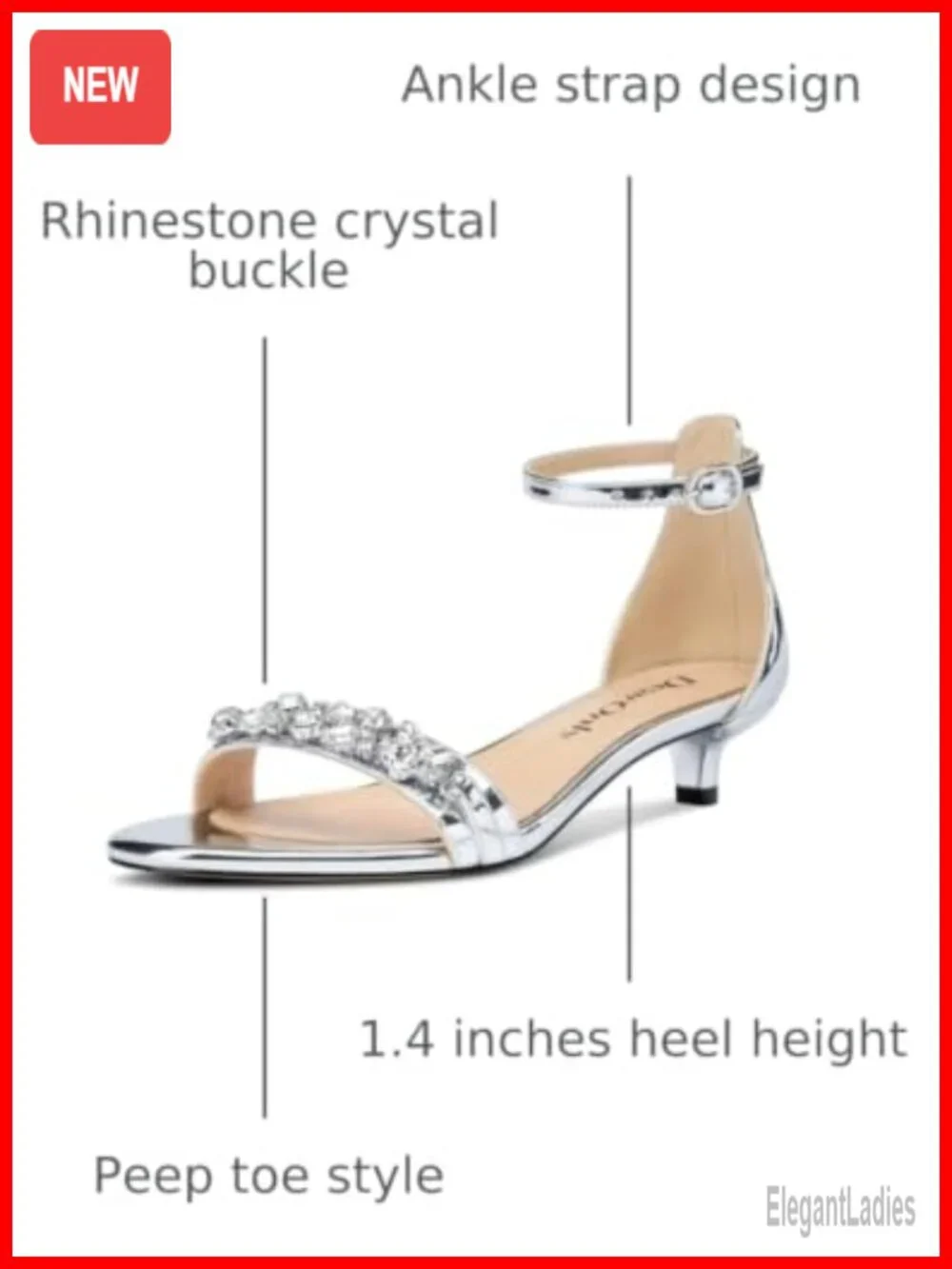 Womens Low Kitten Heel Peep Toe Ankle Strap Sandals Rhinestone Crystal Buckle